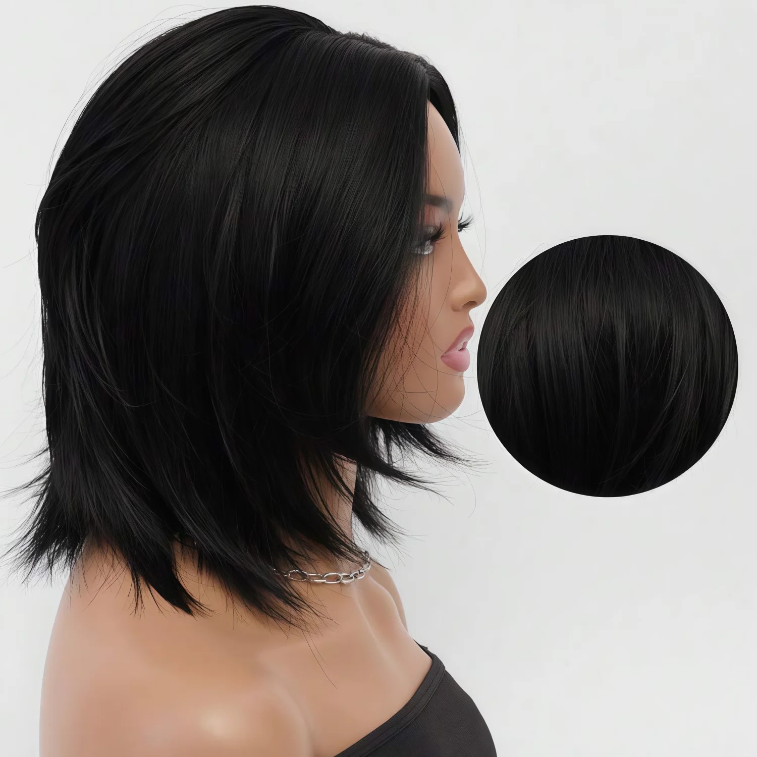 Parrucca corta Bob lunga fino alle spalle con spacco medio nero naturale Parrucca resistente al calore in fibra sintetica traspirante sottile a strati da 14 pollici