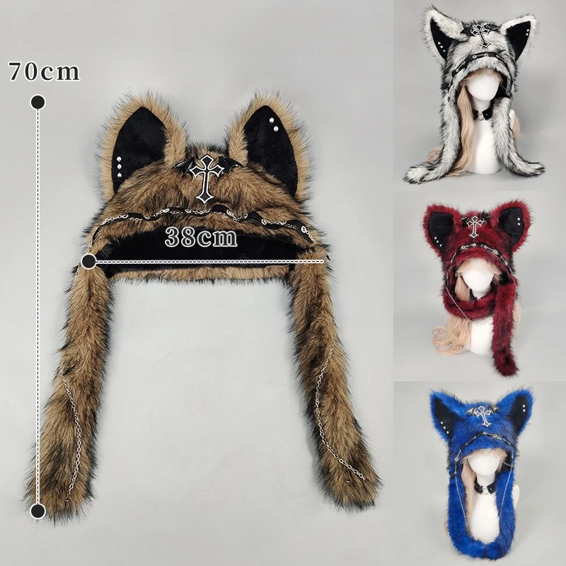 Y2K Gothic Punk Cat Ear Hat with Cross Wing Chain Decoration Plush Warm Winter Subculture Goth Rock Musi Cap Bombero Gorro Ruso