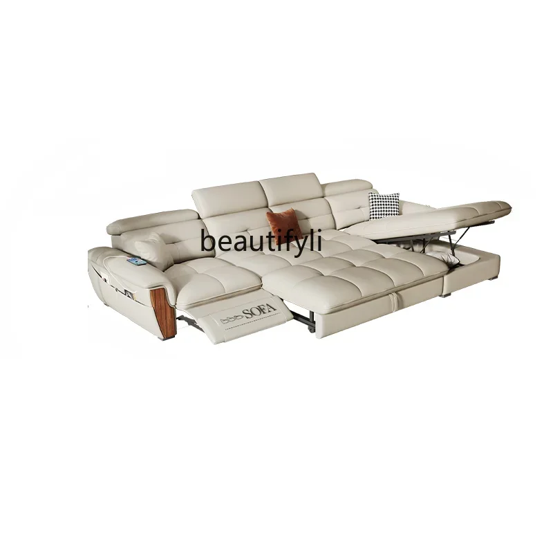 

New Multi-Functional Electric Leather Sofa Bed Dual-Use Folding Retractable Living Room Straight Row Small Apartment Single