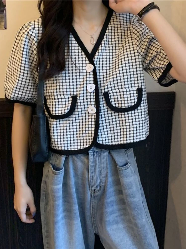 Small Fragrance Blouses Single Breasted V Neck Puff Sleeve Crop Tops Plaid Casual Loose Fashion Vintage Summer Women's Clothing