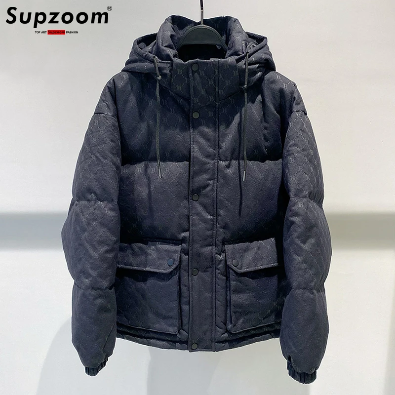 Supzoom 2022 New Arrival Top Fashion Winter Large Embroidery Letters Plaid Loose Warm Hooded Cotton Padded Coat Casual Jackets