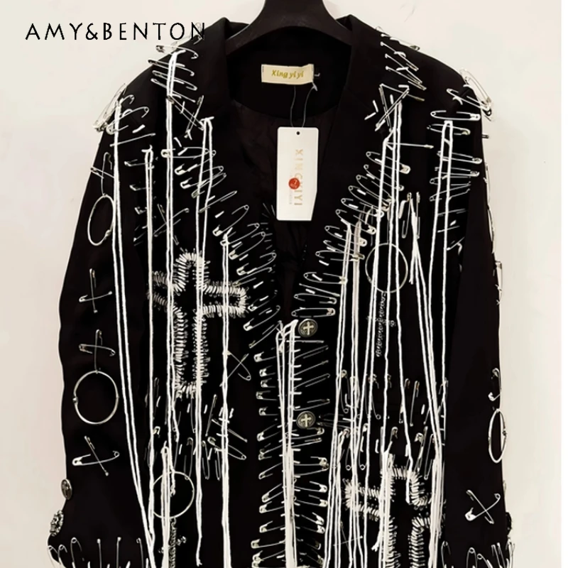 

Gothic Dark Subculture Women's Jacket Punk Retro Original Design 2025 New Black Pin Lapel Loose Slimming Versatile Coat Ladies
