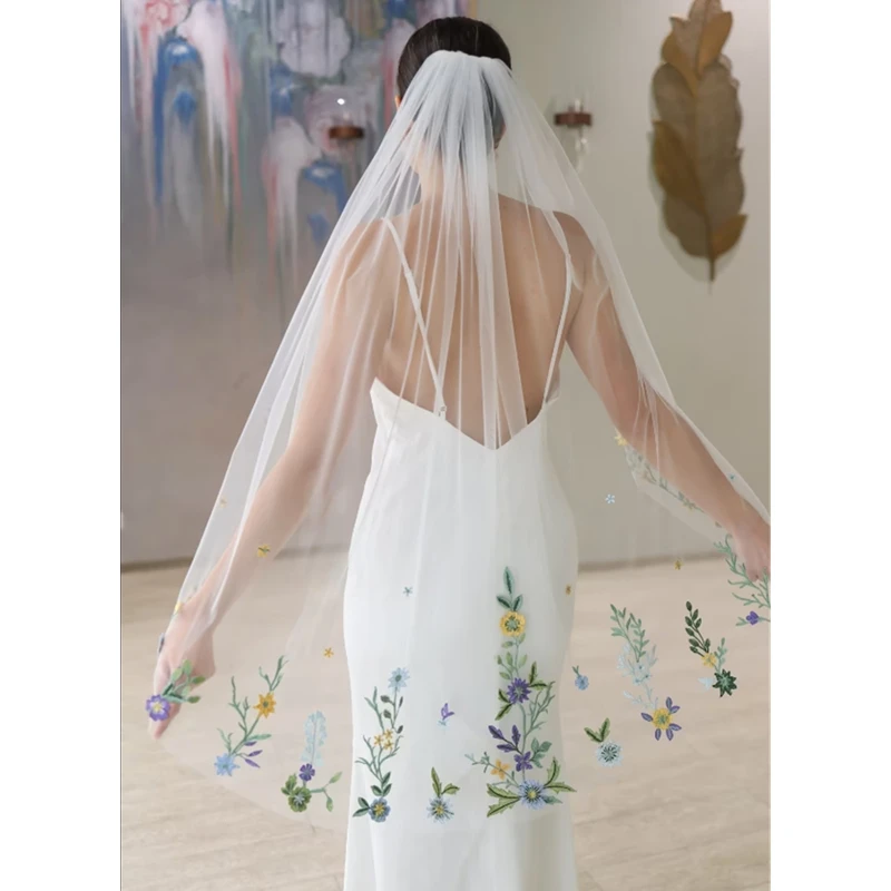 Coloreful Floral Wedding Bridal Veils With Comb Accessories For Bride Yellow Green Blue Purple Long Flowers Embroidered Tulle