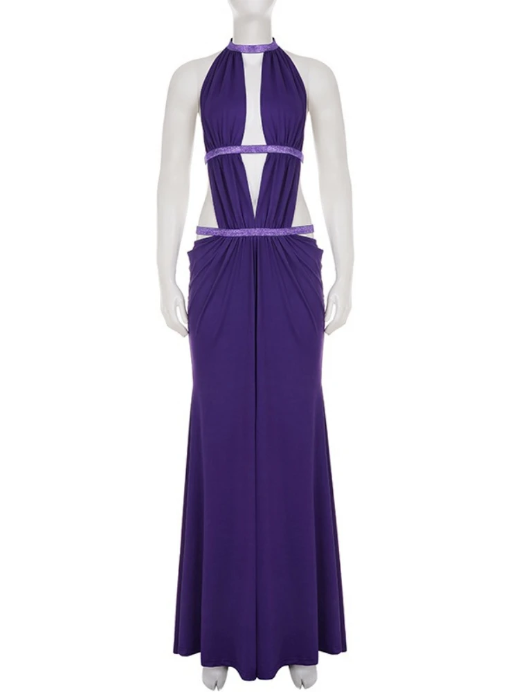 SsTss Sexy Sequined Halter Maxi Dress for Women Summer Fashion Sleeveless Backless Cut Out Slim Draped Beach Holiday Maxi Dress