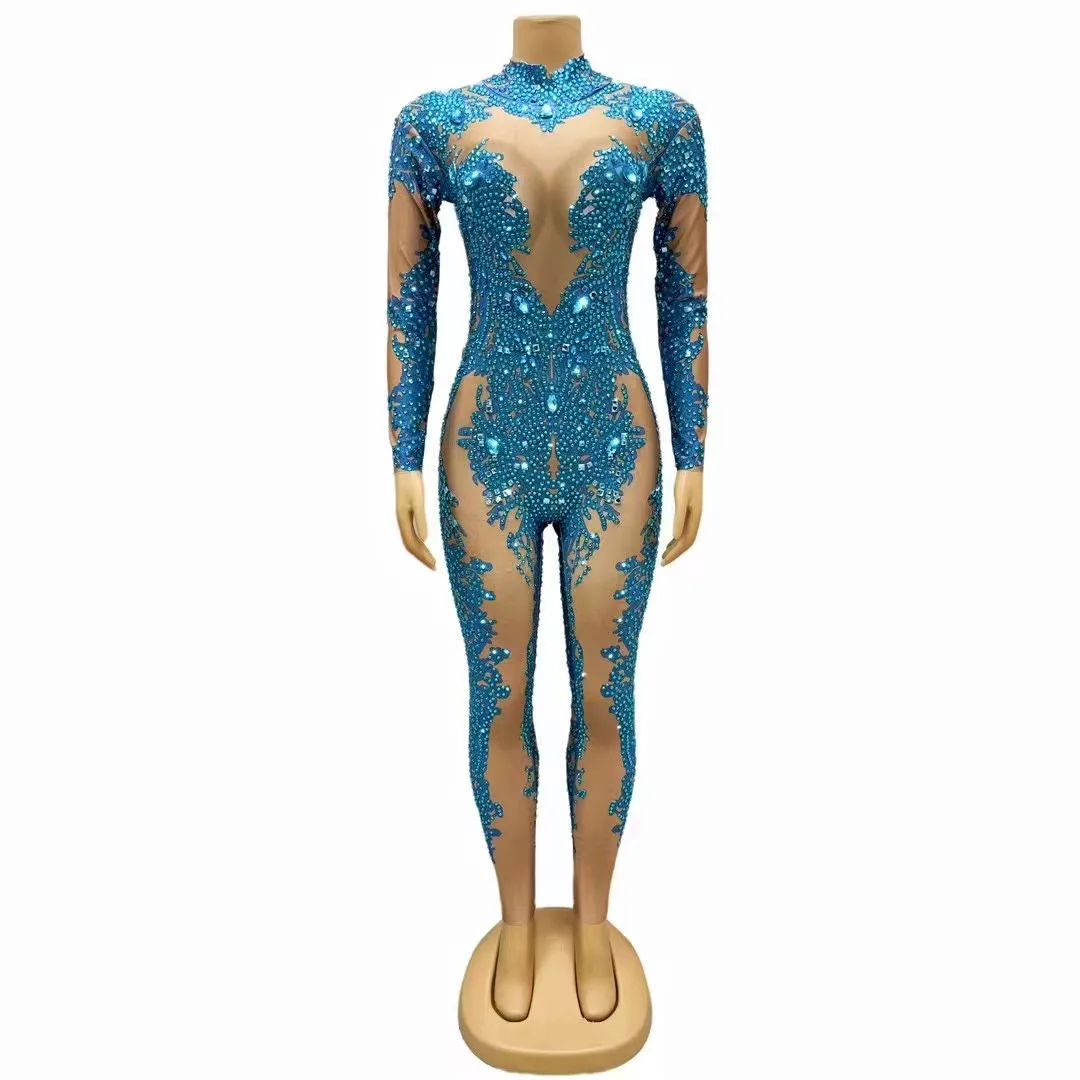 

High Qulity Sexy Sparkly Diamond Azure Blue Color Sheath Jumpsuit Nightclub Singer DJ Performance Costume Dancer Stage Wear