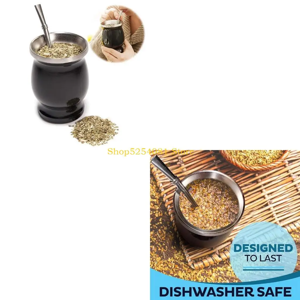 AXYC 8 Ounces Yerba Mate Tea Cup and Bombilla Filter Straw Spoon Set Gourd Double-Walled Stainless Steel Insulation Cup