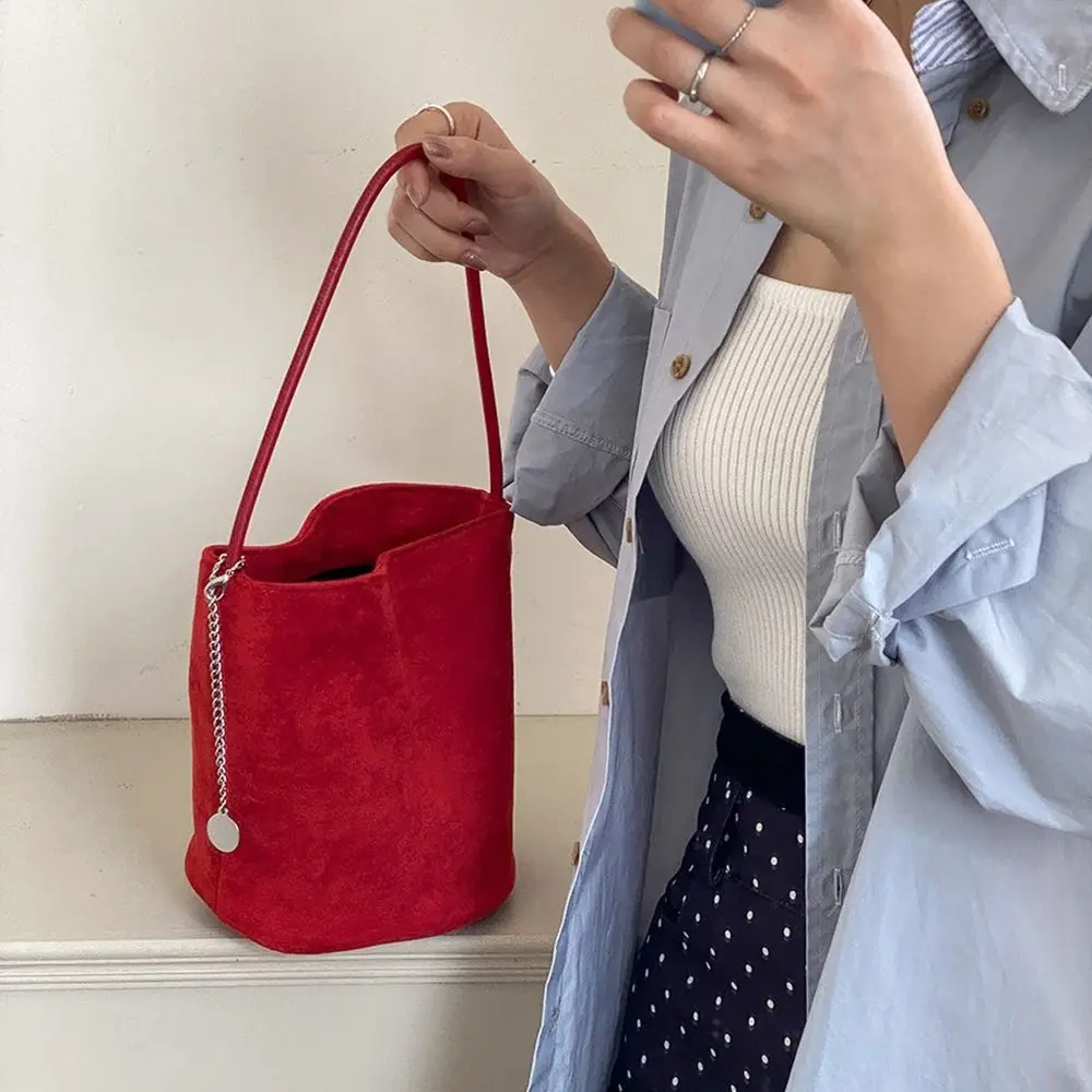 

Simple Vintage Suede Bucket Bag Pure Color Purse Matte Pu Leather Shoulder Bag Korean Style Cute Underarm Bag Girls