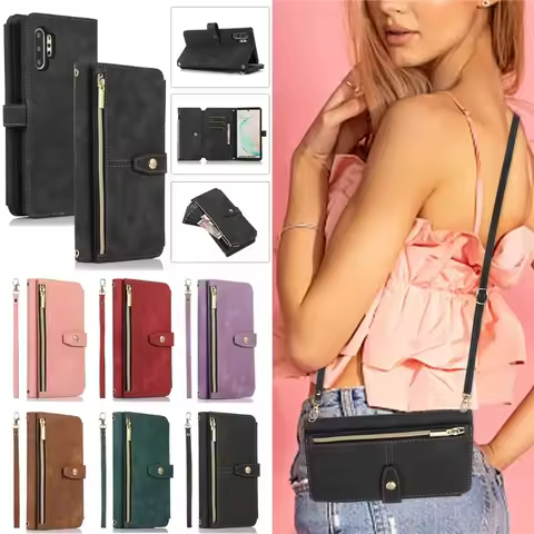 Long Lanyard Leather Case For Samsung Galaxy S25 Edge S24 FE S23 Plus S22 Ultra S21 S20 S10 Note 20 Zip Wallet Card Phone Cover