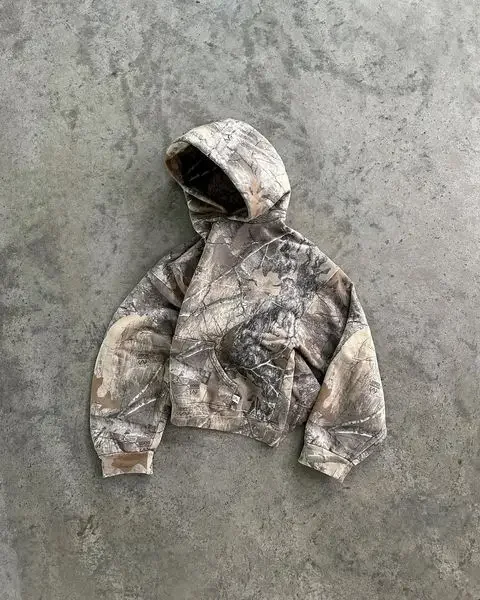 Y2K pakaian olahraga pria, baju hiphop jalanan ukuran besar Camo Hoodies Set 2 potong Retro pola kamuflase