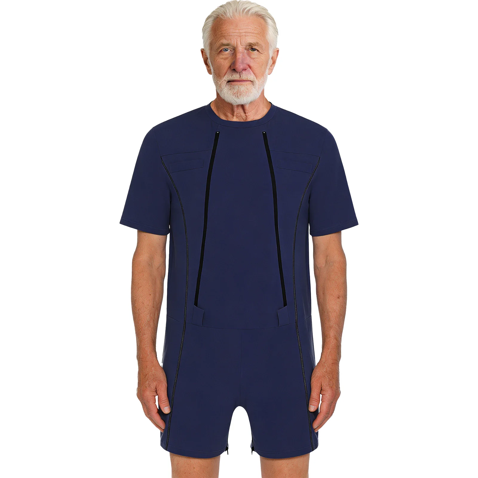 

Mens Adults Anti-strip Jumpsuit Zipper Crotch Short Sleeve Alzheimer Elderly Adaptive Rompers for Caring And Nursing