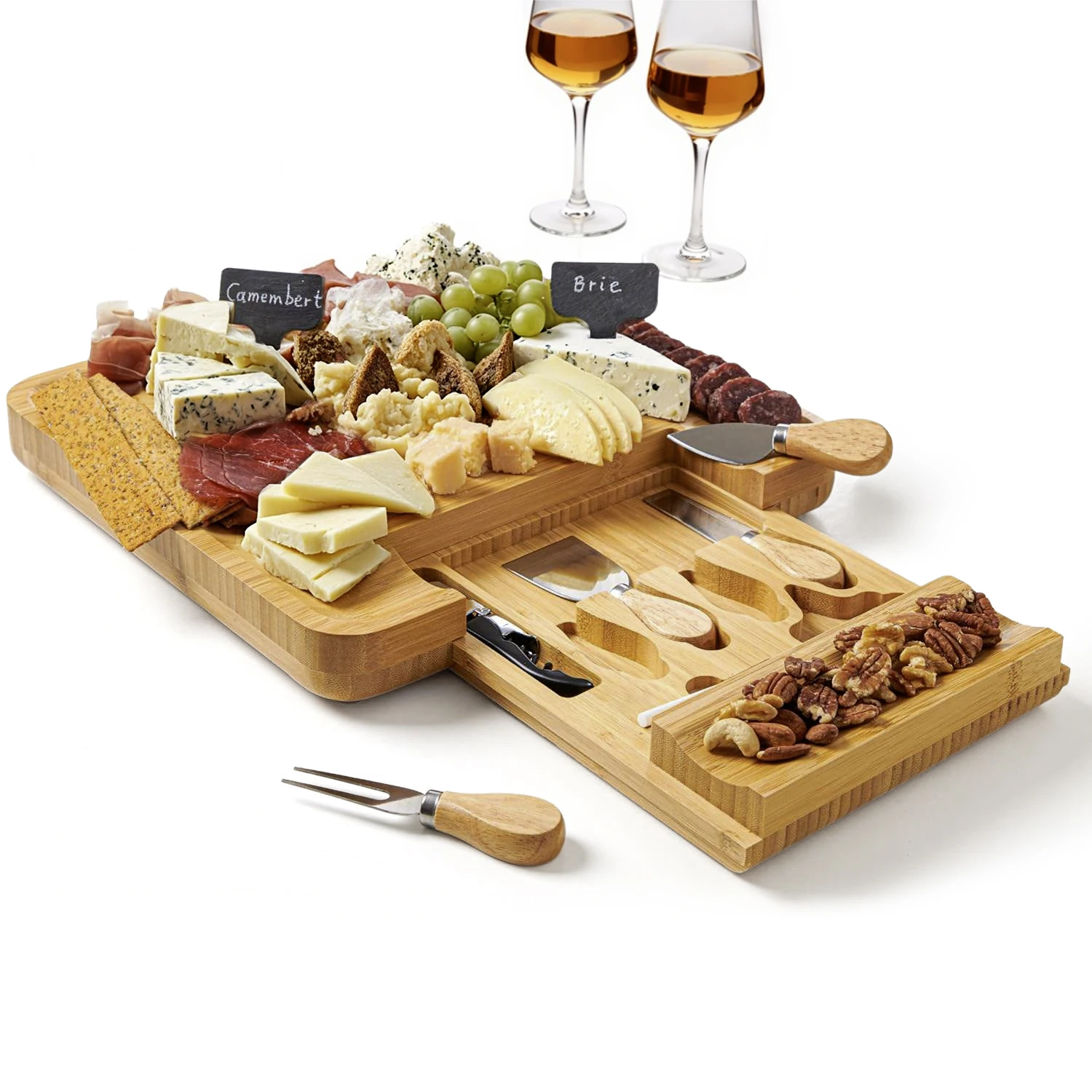 

Bamboo Cheese Board with Drawer Tray Knife Set - Cutting Serving Set for Home Kitchen