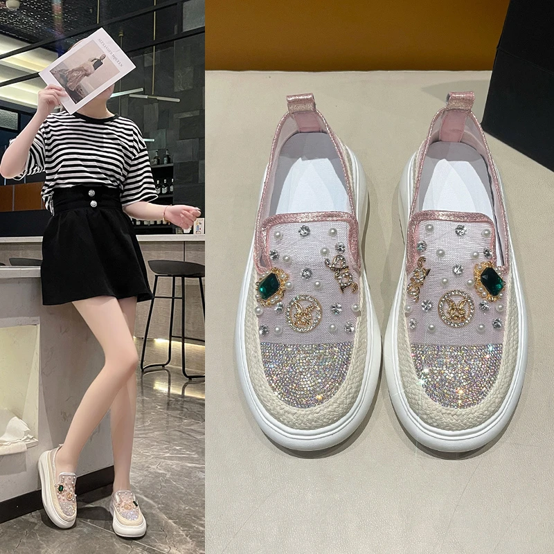 

Luxury rhinestone flat shoes with hollowed out single shoes women's summer breathable mesh casual shoes thick soled loafers