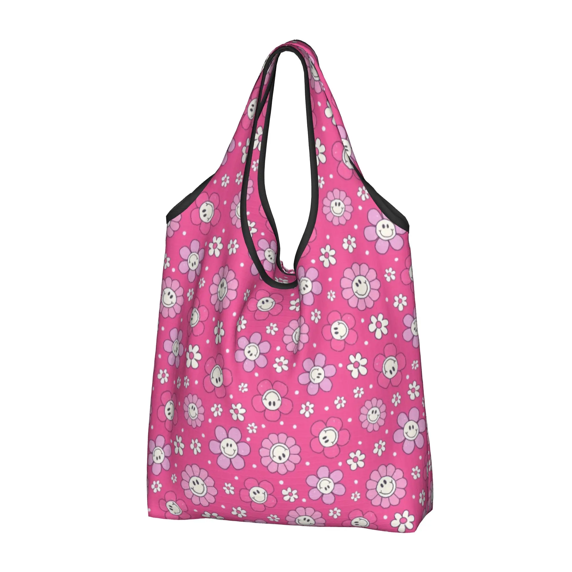 Happy Face Daisies  Groceries Tote Shopping Bag Women Cute Hot Pink Flowers  Shoulder Shopper Bag Big Capacity Handbag