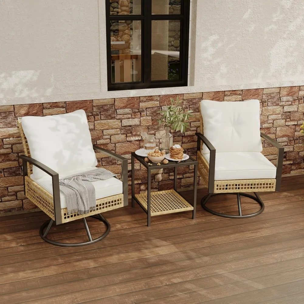 

3 Piece outdoor swivel chair set of 2, outdoor swivel patio chairs with Wood-Grain Tabletop Coffee Table and 6" Thick backrest,