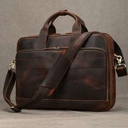 Crazy Horse Genuine Leather Men Briefcase Vintage 16 inch Big Business Laptop Handbag Large Cowhide Messenger Shoulder Bag Man