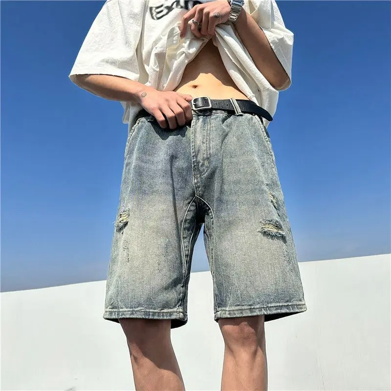 찢어진 데님 반바지 남성 여름 얇은 2025 신상 레트로 바지 루즈 트렌디 워싱 브랜드 큰 사이즈 배기 숏 반바지 남자