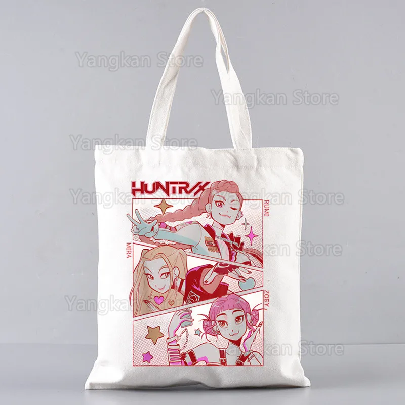 KPop شيطان الصيادين زوي رومي ميرا طباعة حقيبة تسوق قابلة لإعادة الاستخدام المرأة قماش حمل الحقائب الطباعة ايكو الكرتون المتسوق حقائب كتف