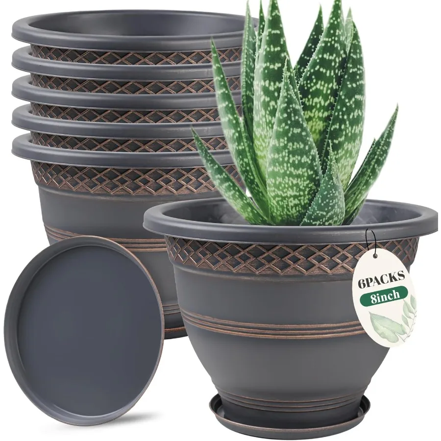 

6 Pack 8 Inch Plant Pots Plastic Flower Pot for Indoor Outdoor with Drainage Holes Saucer Plaid Pattern Planters Garden Pots fo
