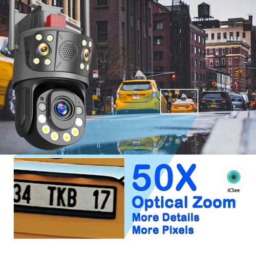 Imagen 2 del producto Cámara de vigilancia con Zoom óptico 50X, WiFi, cámara PTZ inalámbrica para exteriores, tres lentes, 12MP, 6K, cámara de seguridad de vídeo inteligente CCTV iCSee