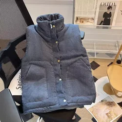 Women's Vest 2024 Autumn Winter New Loose Versatile Corduroy Stand up Collar Vest Women's Short Down Cotton Jacket Solid Color