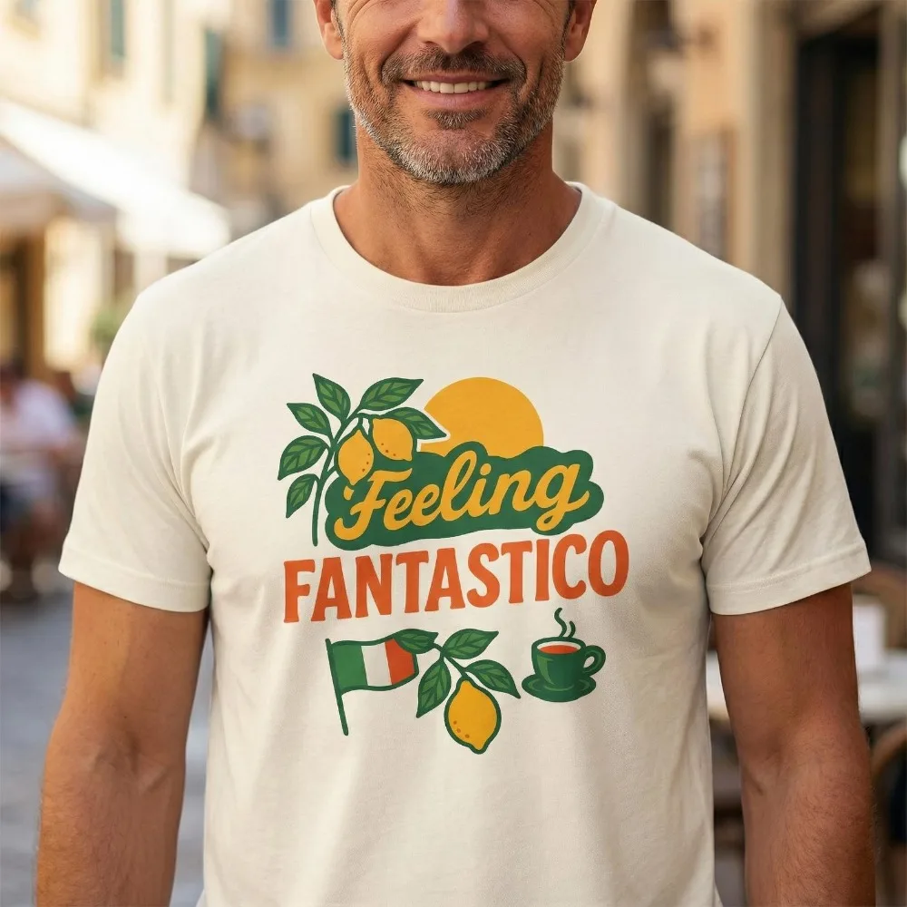 Camiseta Italiana Feeling Fantastico com Estampa de Limão e Padrão da Bandeira Italiana, Estilo Dolce Vita, Roupas Masculinas