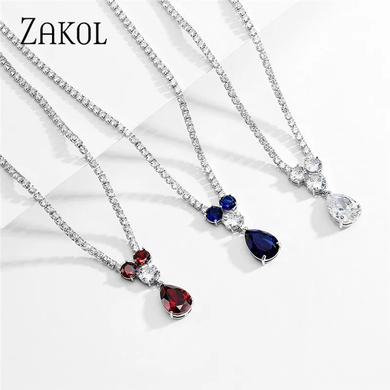 ZAKOL 3 Pcs Luxury Water Drop Zircon Necklace Earrings Bracelet Set for Women Bridal Wedding Party Dress Jewelry Set SP461