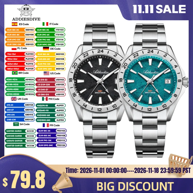 ADDIESDIVE 2026 NEW Men Watch AD2548 Sapphire Glass BGW9 Super Luminous 200m Waterproof Swiss Ronda 515-24H GMT Quartz Watches