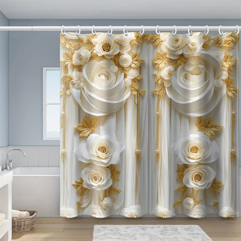 1pc White Rose Pearl Faux Printed Shower Curtain, Waterproof Polyester Fabric with Hooks, Window And Wall Bathtub Bathro