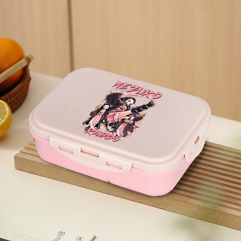 Demon Slayers 3 Grids Lunch Box Cute Cartoon Students Portable Food Container with Snoop Fork Anime Travel Picnic Snack Storage view 3