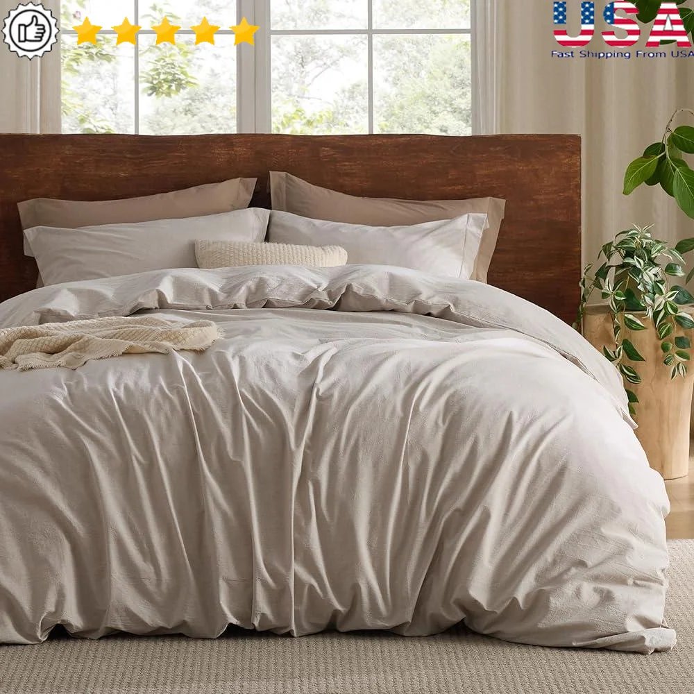 King Size Cotton Duvet Cover Set Ultra Soft Prewashed Textured Breathable with Corner Ties Easy Care Zipper Closure