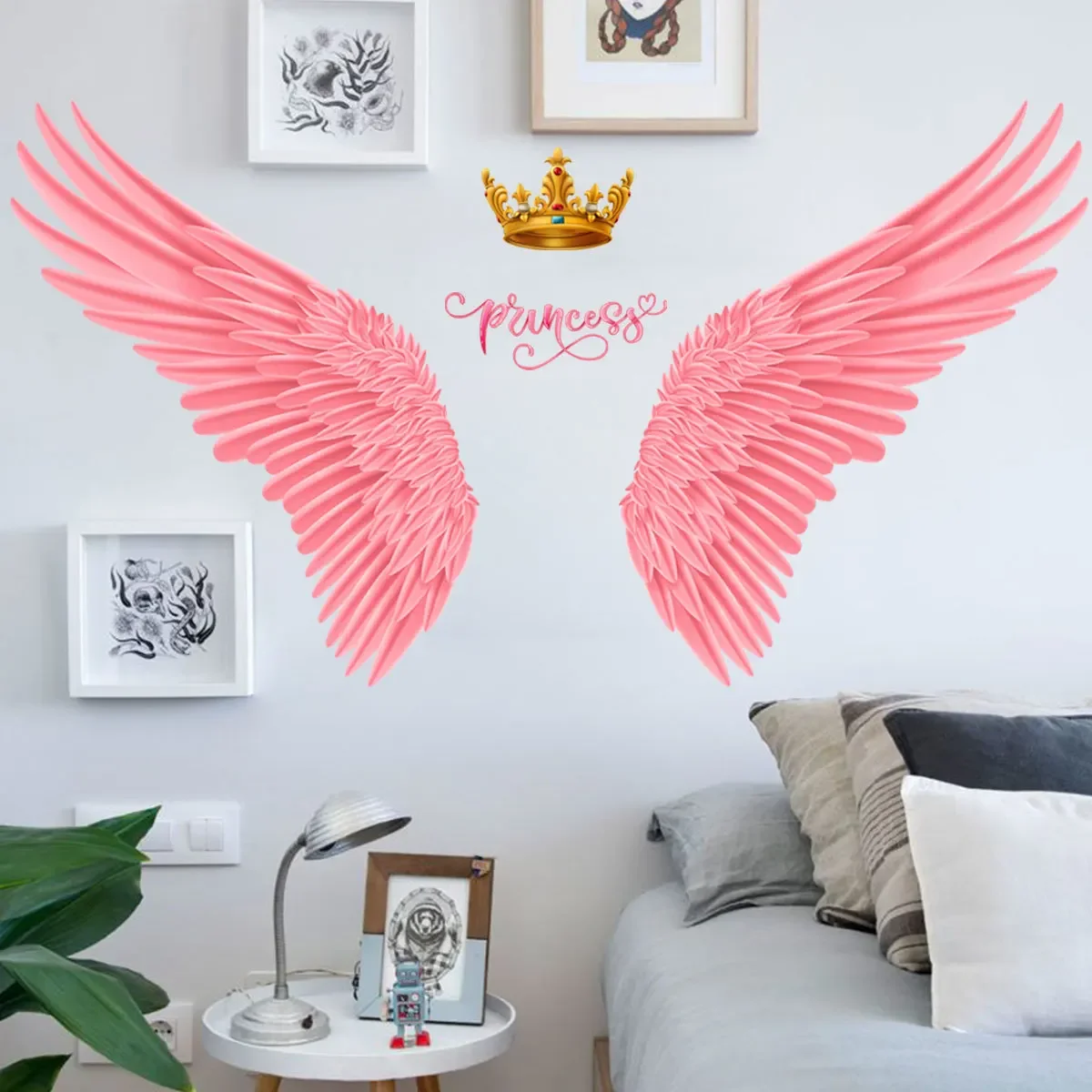 Nordic style Pink Wing Crown Wall Stickers for Girls room Bedroom Eco-friendly Wall Decals Removable Vinyl Wall Mural Home Decor