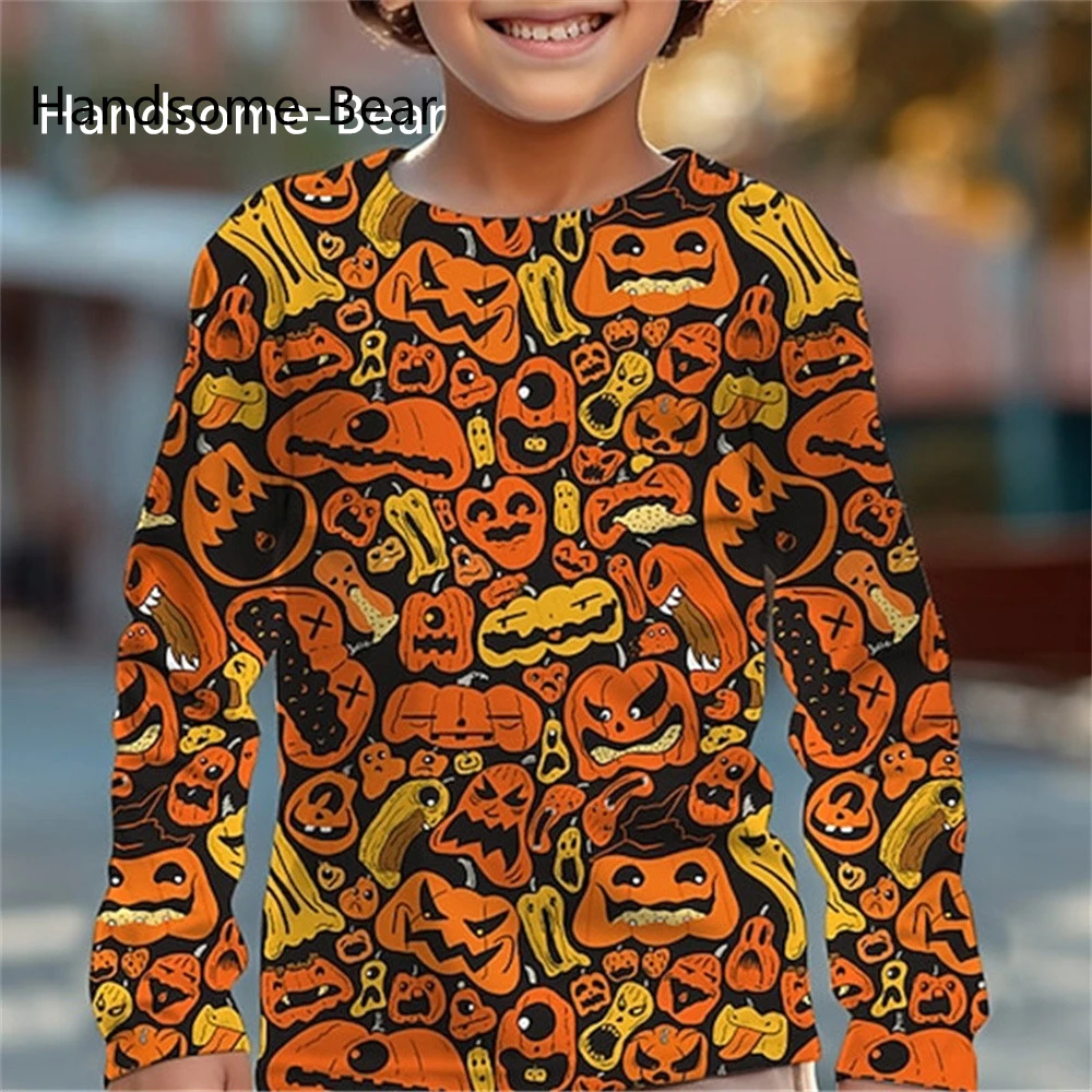 Children's T-Shirts Halloween Boys Letter Pumpkin Printed T Shirts Long Sleeve Girls Clothes 2 to 8 Years Tops Children Clothes