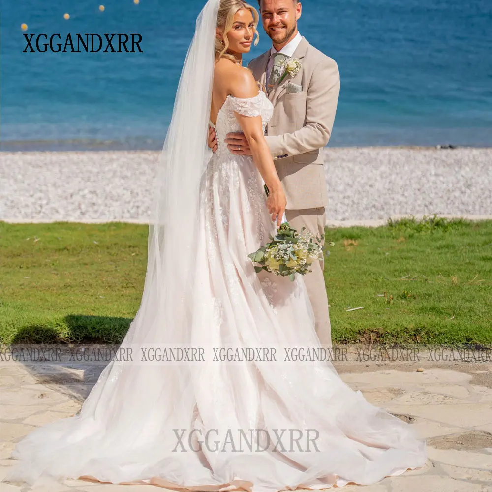 Robe de mariée trapèze personnalisée, élégante, col en V, épaules dénudées, avec des Appliques en dentelle, longue robe de mariée de plage, dos nu, 2026