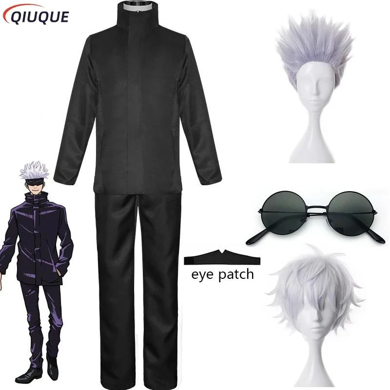 Costume de Cosplay Gojo Satoru Noir/Bleu 110-3XL, Perruques Patch pour les Yeux, Lunettes, Anime, ixd'Halloween, Uniformes pour Hommes et Enfants