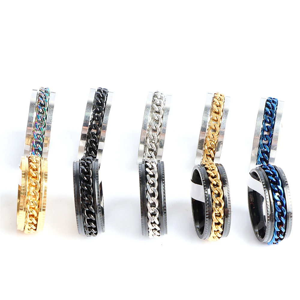 Pack of 10/30pcs Men\'s Spinner Chain Cool Stainless Steel Rings Tire Texture Rotatable Links Male Jewelry For Women