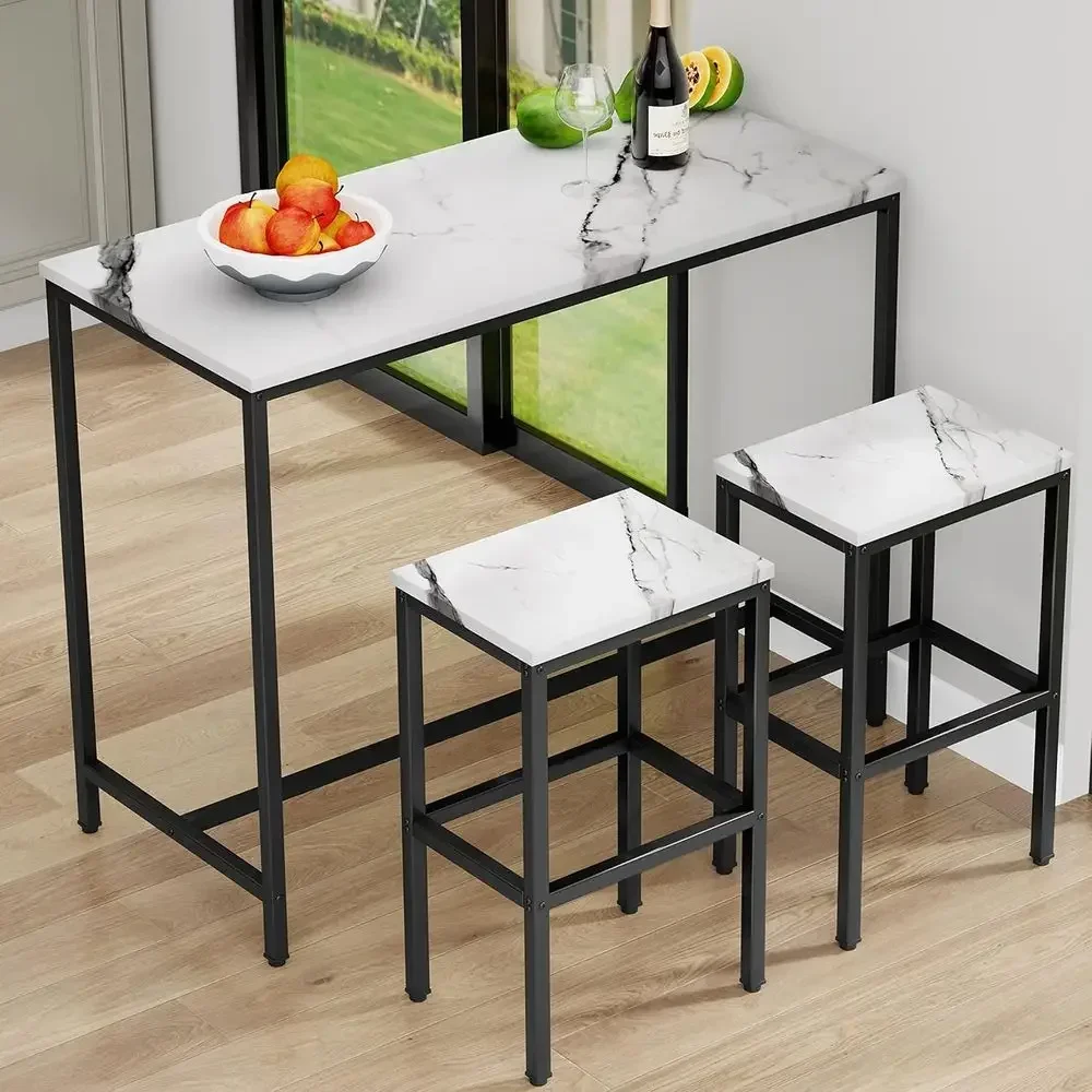 44 White Marble-Look Top Counter Height Bar Table with 2 Stools for Kitchen or Living Room Dining
