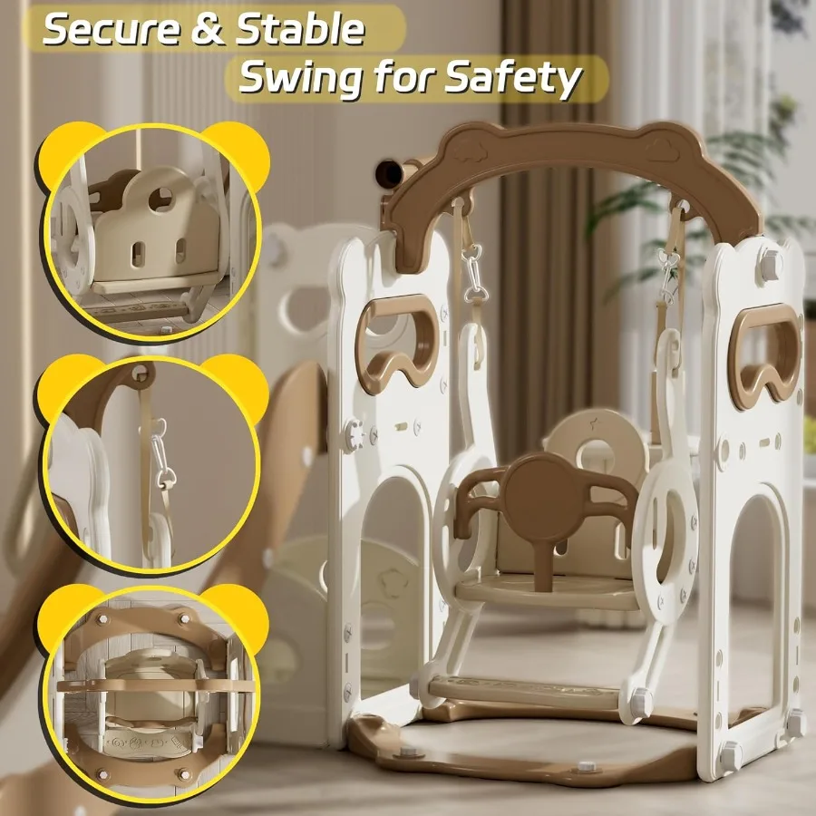 مجموعة منزلق وأرجوحة للأطفال الصغار من سن 3 إلى 3 سنوات مع شرائح للأطفال مع تلسكوب كرة السلة في الهواء الطلق ومجموعة لعب الدرج الداخلي #4