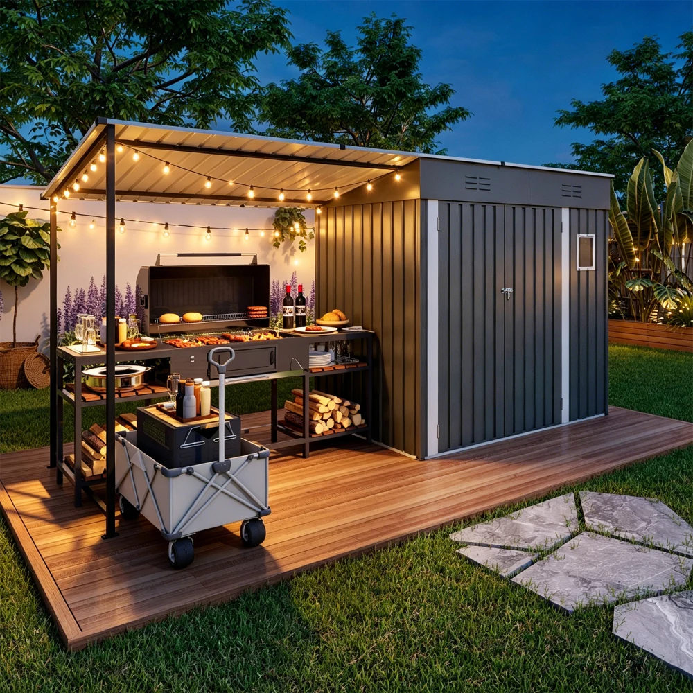 

12x4ft Metal Lean to Shed with Open-Sided Pergola , 4'x6' Outdoor Storage Shed & 6'x4' Attached Hardtop Gazebo Combo, 2-in-1 Sheds & Outdoor Storage tool Shed for Patio, Backyard,Garden