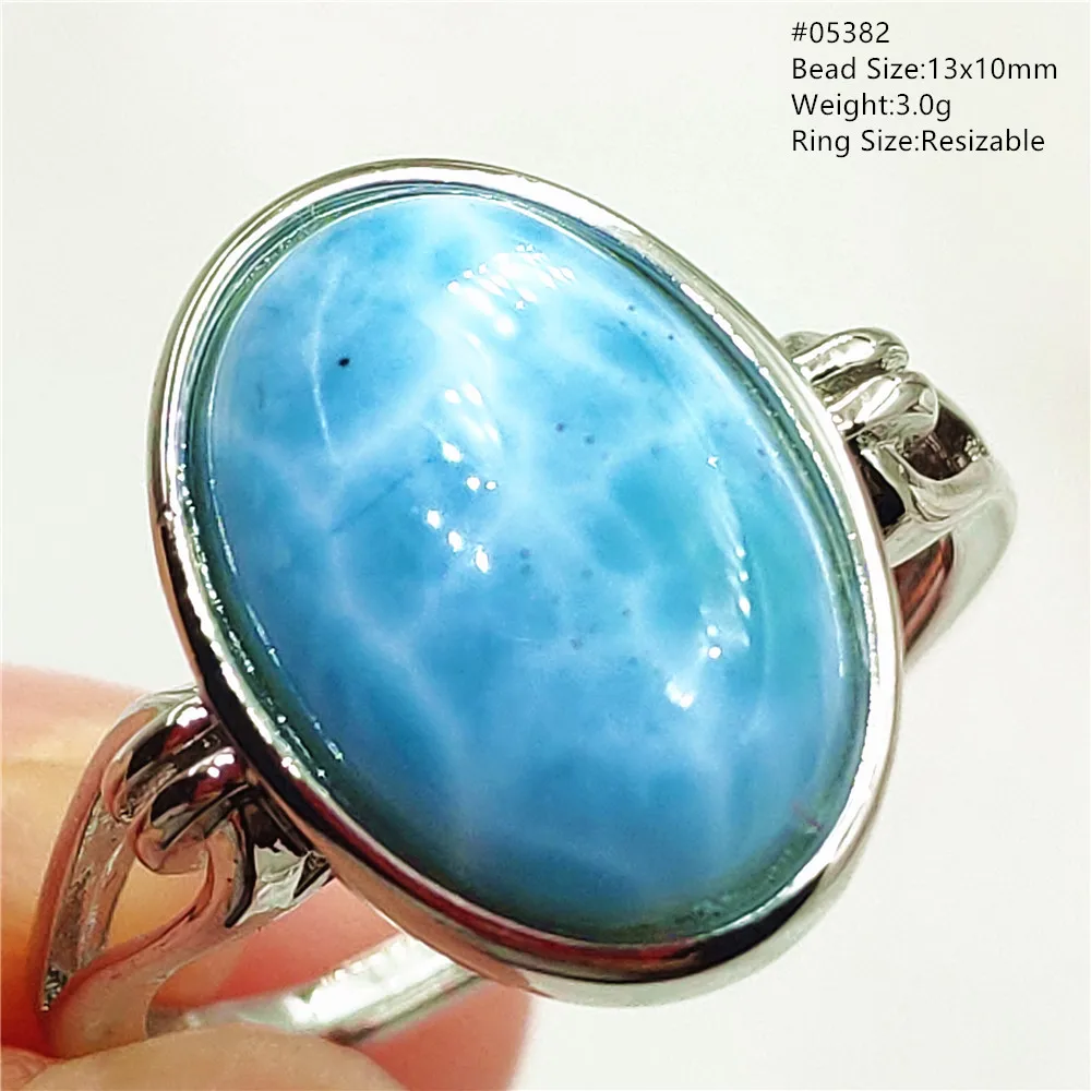 Natural Blue Larimar Oval Adjustable Ring Jewelry Water Pattern Real Larimar For Women Men Healing Fashion Stone AAAAAA