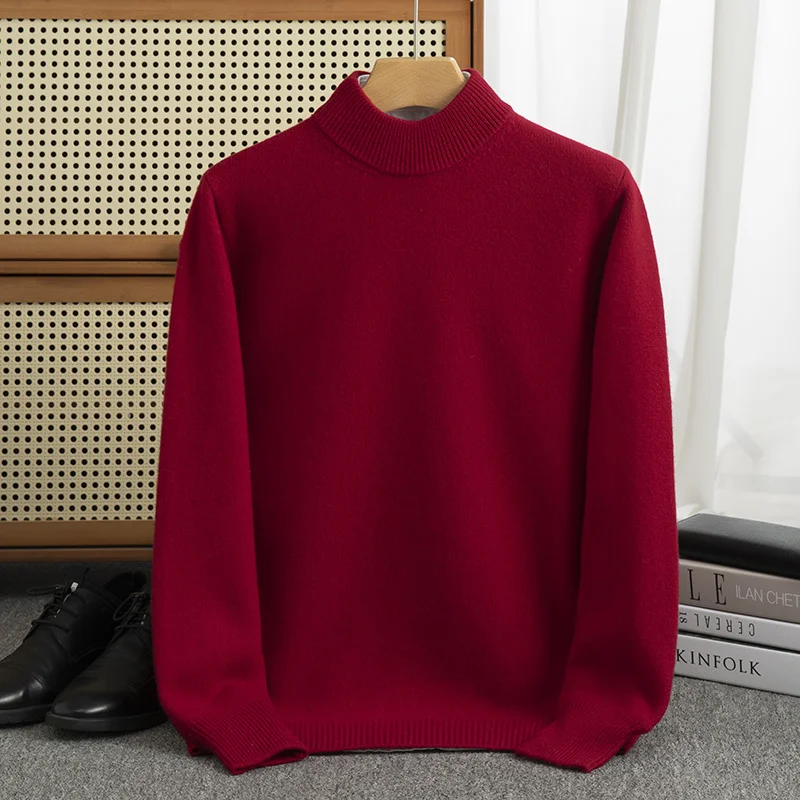 Autumn and winter new men's semi-turtle neck thick warm 100% pure wool business leisure classic knitted cashmere sweater.