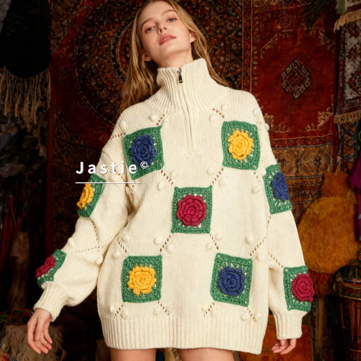 

Ретро богемный цветной свитер с цветочным принтом для женщин 2026, осень/зима, новый стиль, вязаный пуловер с высоким воротом и полумолнией