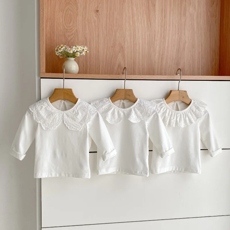 

Baby Girl Doll Collar Top Lace Trim Long Sleeve Solid Color Autumn Toddler Casual Blouse Soft Cotton Kids Base Layer