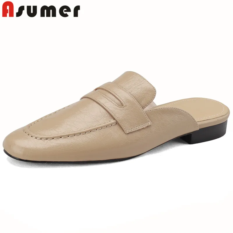 

ASUMER 2024 New Simple Genuine Leather Summer Shoes Round Toe Ladies Casual Slippers Mules Square Low Heels Slippers