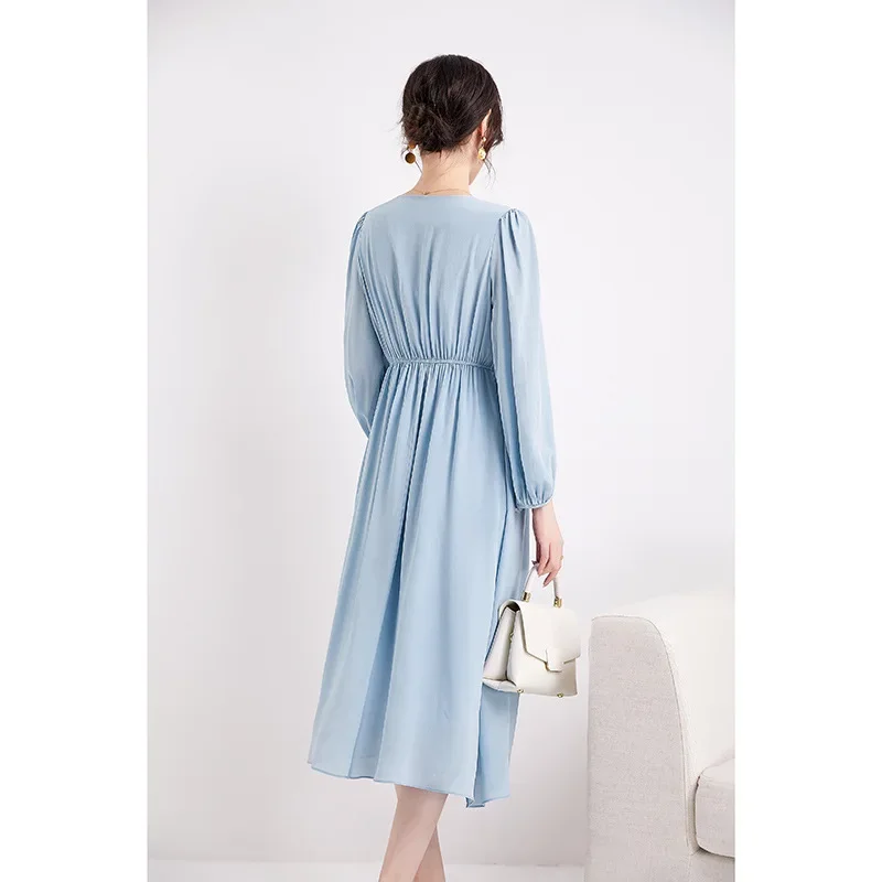 Elegant Pure Silk Dress for Women, V-Neck, Puff Sleeve, Elastic Braided Rope, Waist Bodycon Dress, Solid Mulberry Silk Dresses