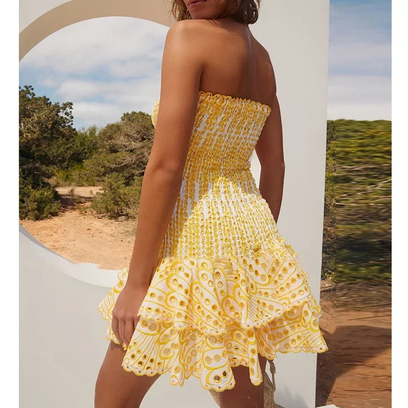 Abito sexy in pizzo giallo da donna ricamo estivo scava fuori Vestido vintage da donna senza spalline eleganti abiti da strada