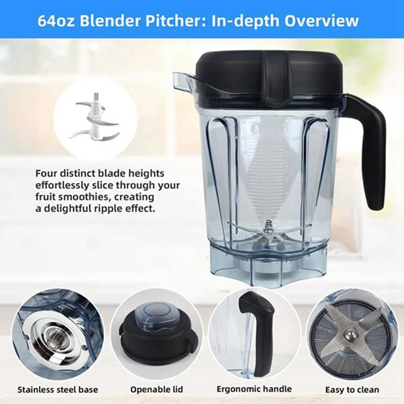 Blender Pitcher 64Oz Low-Profile Met Tamper, Voor Vitamix 750 5200 5000 6300 7500 Vm0102 Vm0103 Classic/Commercial Etc