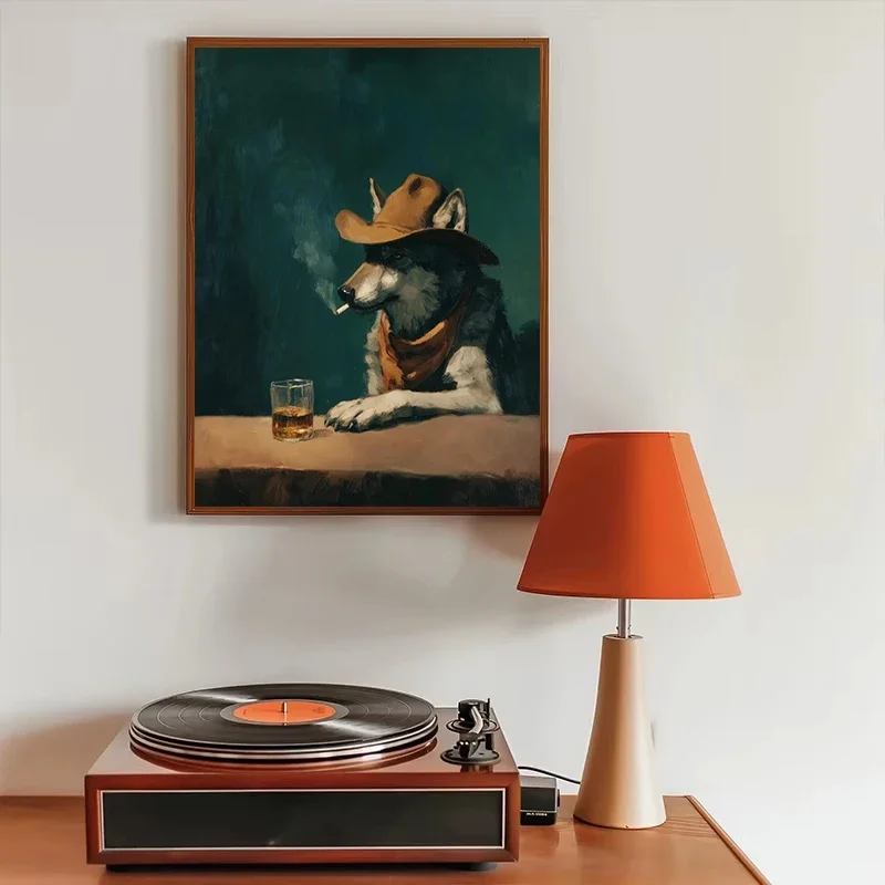Multiple sizes 1pc frameless Canvas Painting,1pc frameless Canvas Painting Western Cowboy Lonely Wolf Smoking Drink Whisky Duck