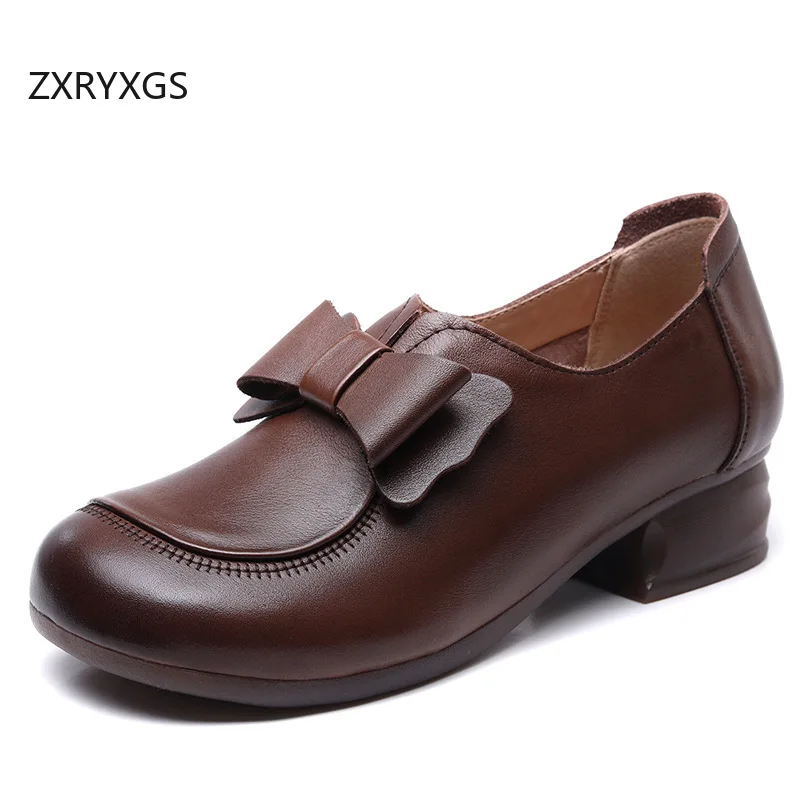 

ZXRYXGS Женские туфли на среднем каблуке с бантом из воловьей кожи, осень 2023, элегантная модная обувь для офисной работы, банкета, туфли из натуральной кожи Tide