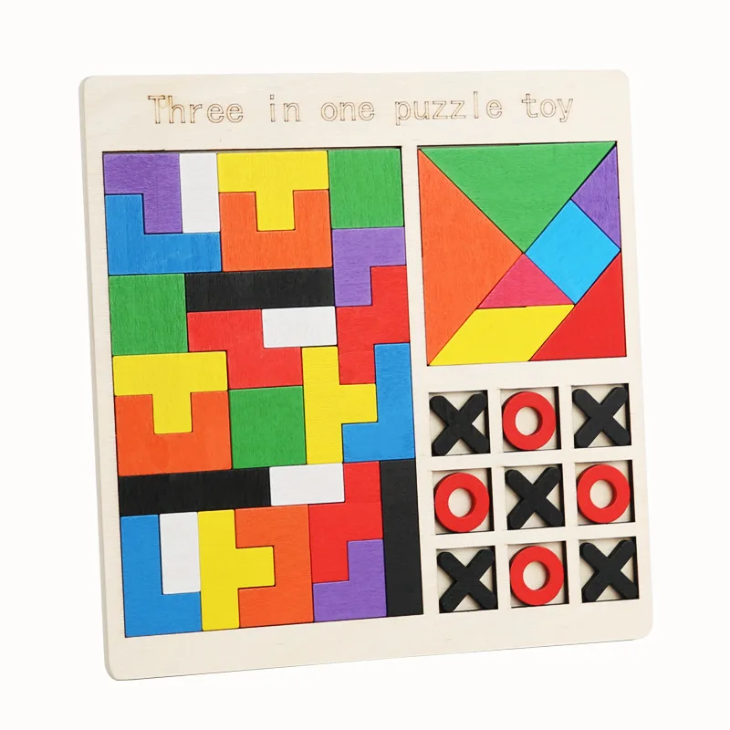 Rompecabezas de madera para niños, juego Tetris tangram, ajedrez, rompecabezas tres en uno, bloque de construcción, juguete de educación temprana, bloque de construcción