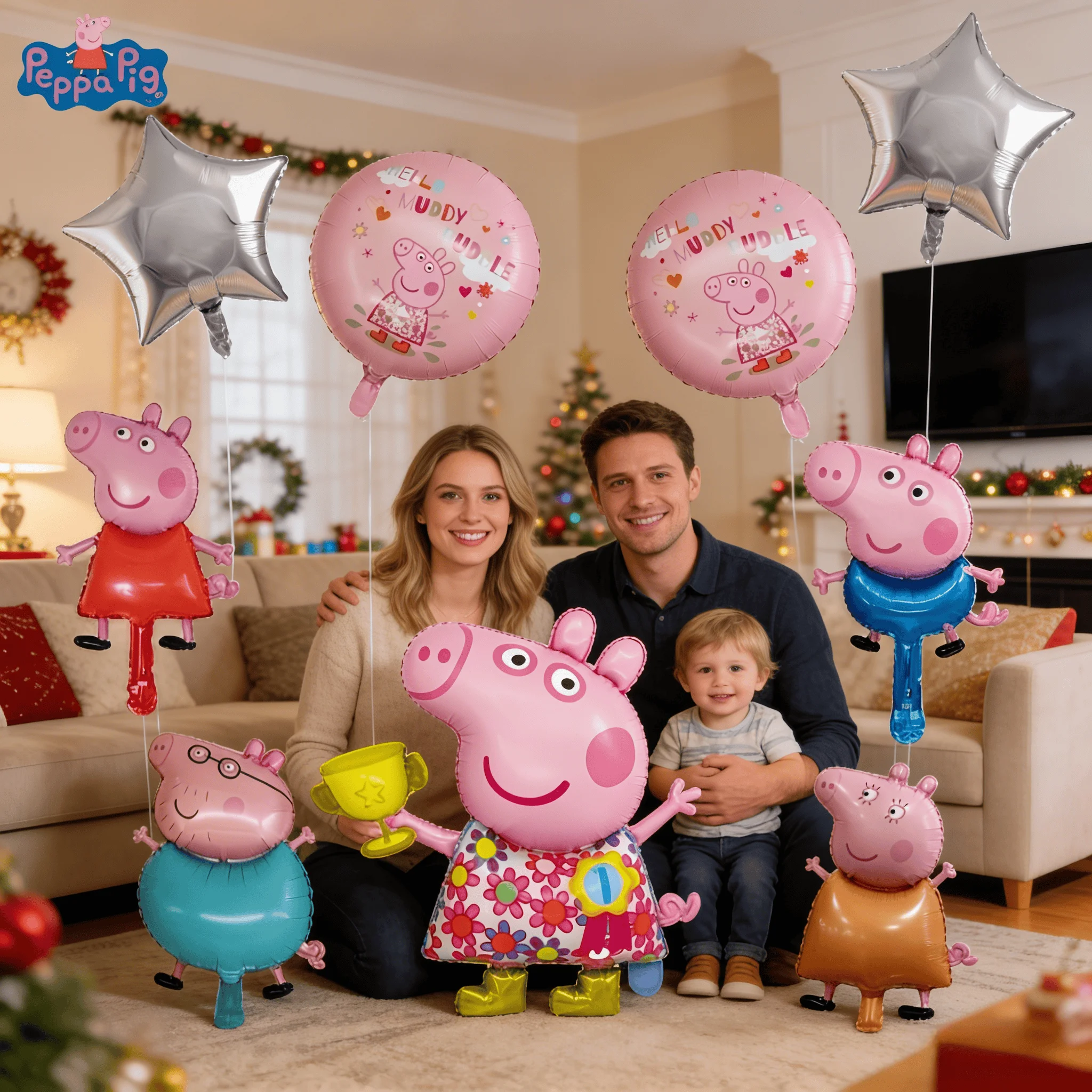 9 pçs pequeno porco peppa campeão temático balões de folha de alumínio conjunto com mini peppa família combinação balões festa e férias
